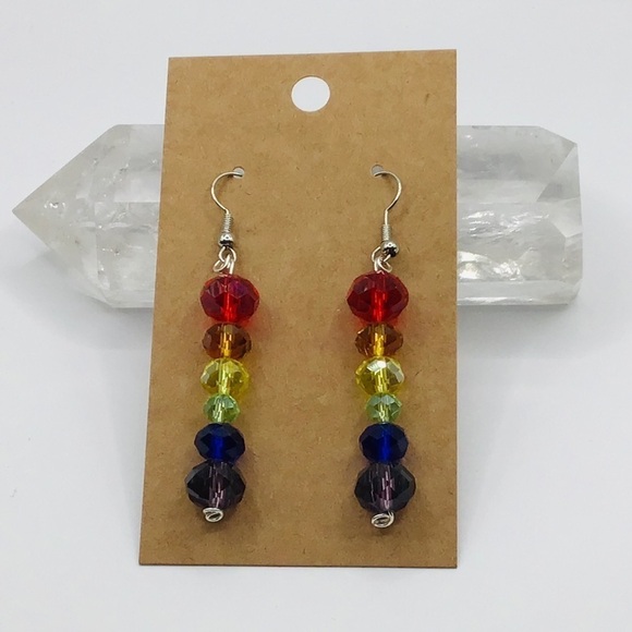 GRATEFUL Times Earrings Chakra Rainbow Faceted Glass Gem Beads Hippie Pride - Picture 1 of 5